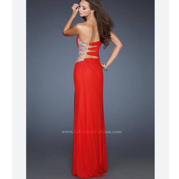 La Femme Strapless Rhinestone Embellished Cut Out High Slit Maxi Dress Red - Picture 2 of 13